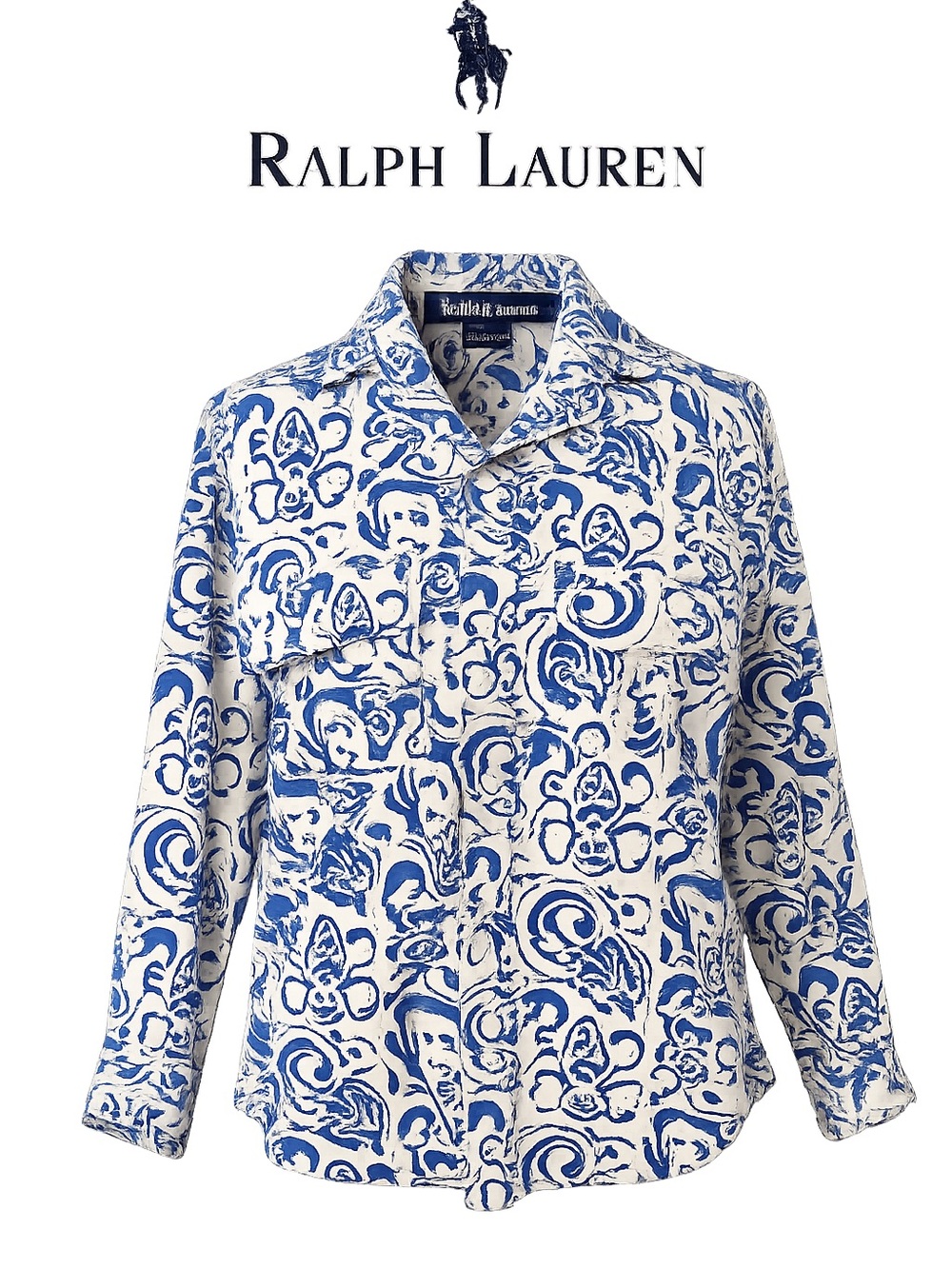 Ralph Lauren Blue White Scroll Print Button Front Cotton Shirt Women’s 6